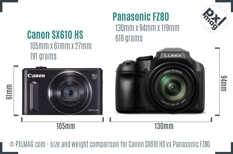 Canon SX610 HS vs Panasonic FZ80 size comparison