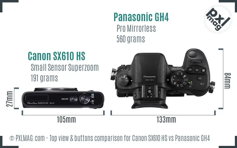 Canon SX610 HS vs Panasonic GH4 top view buttons comparison