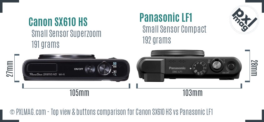 Canon SX610 HS vs Panasonic LF1 top view buttons comparison