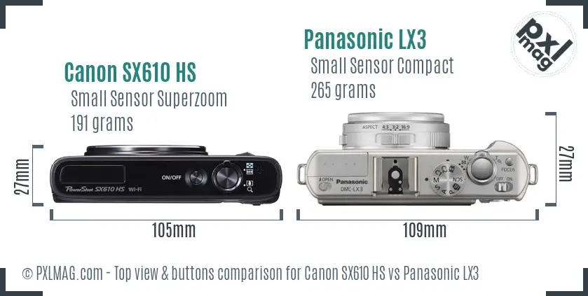 Canon SX610 HS vs Panasonic LX3 top view buttons comparison Canon SX610 HS vs Panasonic LX3 top view buttons comparison