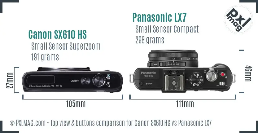 Canon SX610 HS vs Panasonic LX7 top view buttons comparison