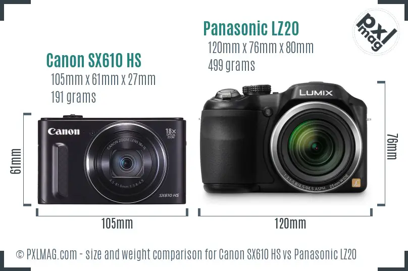 Canon SX610 HS vs Panasonic LZ20 size comparison