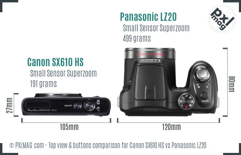 Canon SX610 HS vs Panasonic LZ20 top view buttons comparison