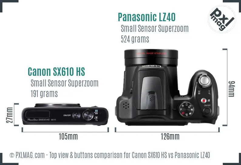 Canon SX610 HS vs Panasonic LZ40 top view buttons comparison Canon SX610 HS vs Panasonic LZ40 top view buttons comparison