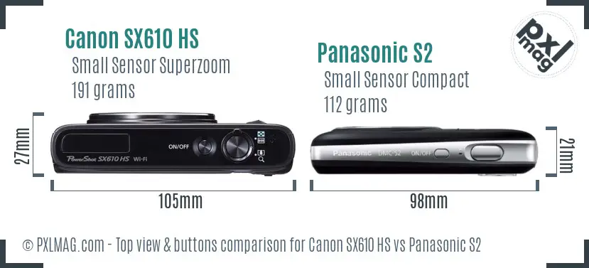 Canon SX610 HS vs Panasonic S2 top view buttons comparison