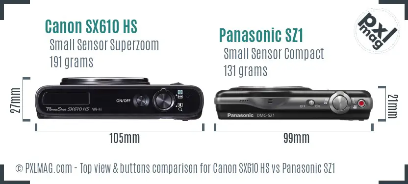 Canon SX610 HS vs Panasonic SZ1 top view buttons comparison