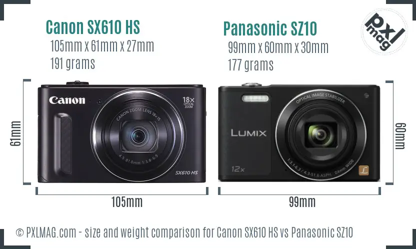 Canon SX610 HS vs Panasonic SZ10 size comparison