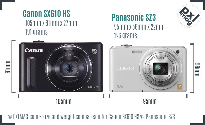 Canon SX610 HS vs Panasonic SZ3 size comparison