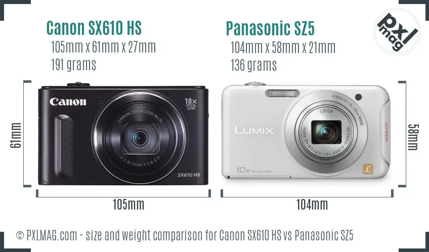 Canon SX610 HS vs Panasonic SZ5 size comparison