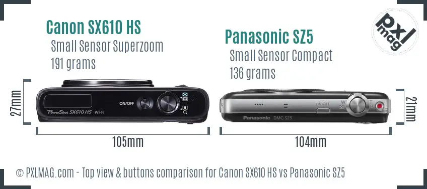 Canon SX610 HS vs Panasonic SZ5 top view buttons comparison