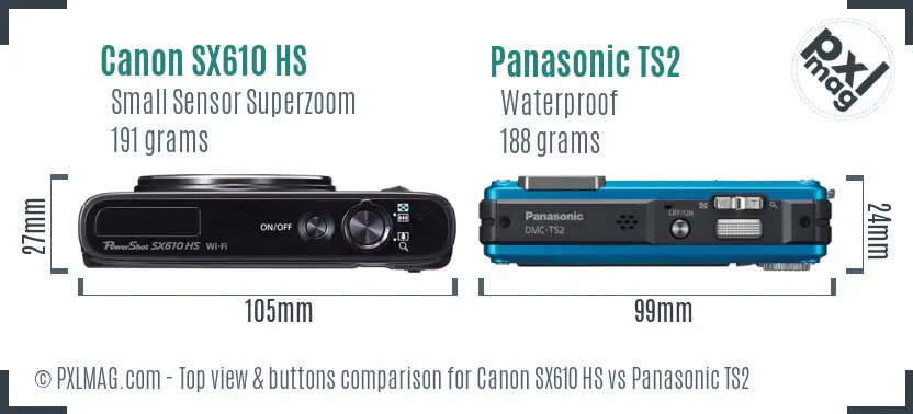 Canon SX610 HS vs Panasonic TS2 top view buttons comparison