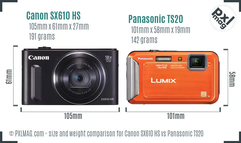 Canon SX610 HS vs Panasonic TS20 size comparison