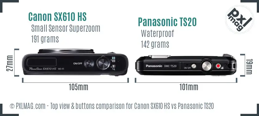 Canon SX610 HS vs Panasonic TS20 top view buttons comparison