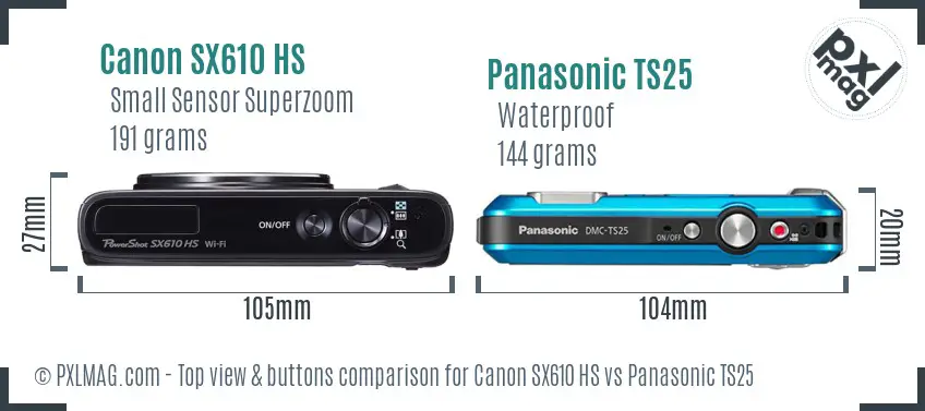 Canon SX610 HS vs Panasonic TS25 top view buttons comparison Canon SX610 HS vs Panasonic TS25 top view buttons comparison