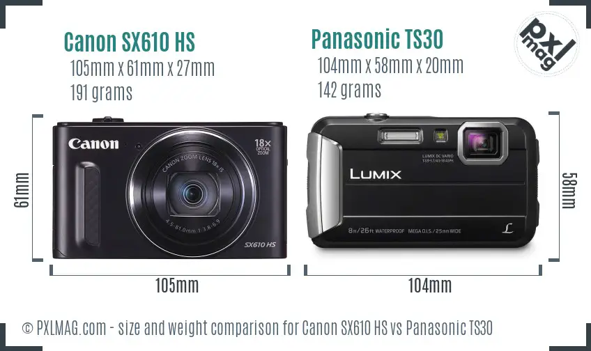 Canon SX610 HS vs Panasonic TS30 size comparison