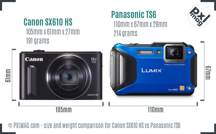 Canon SX610 HS vs Panasonic TS6 size comparison