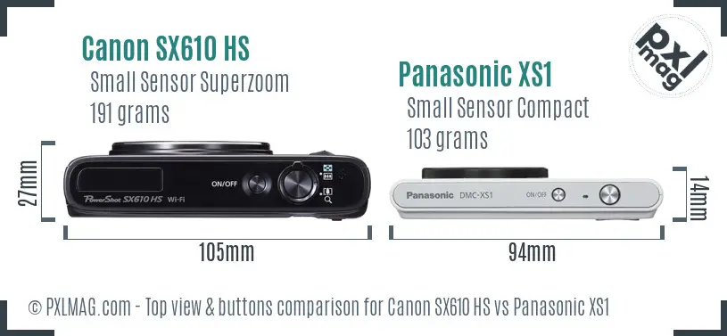 Canon SX610 HS vs Panasonic XS1 top view buttons comparison