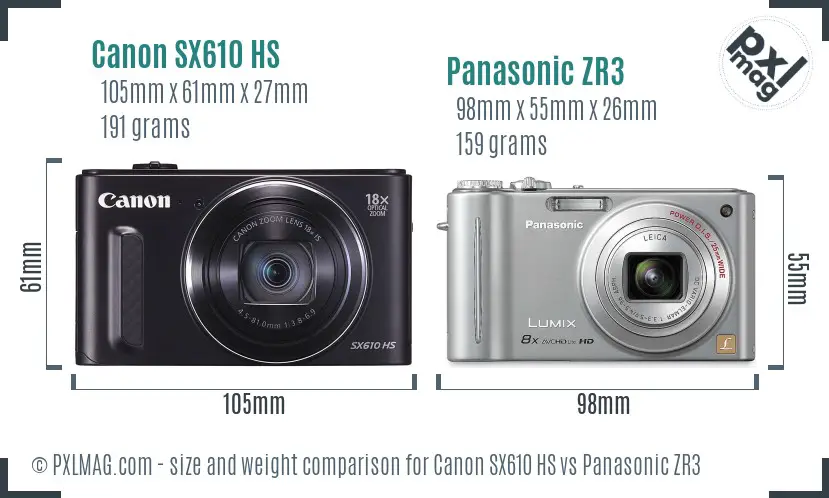 Canon SX610 HS vs Panasonic ZR3 size comparison