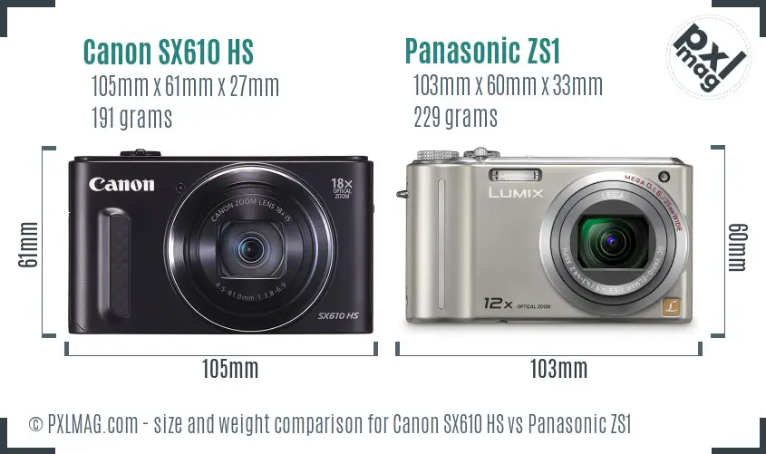 Canon SX610 HS vs Panasonic ZS1 size comparison