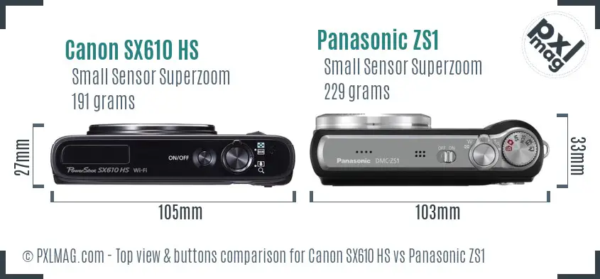 Canon SX610 HS vs Panasonic ZS1 top view buttons comparison