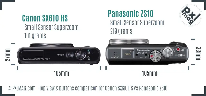 Canon SX610 HS vs Panasonic ZS10 top view buttons comparison Canon SX610 HS vs Panasonic ZS10 top view buttons comparison