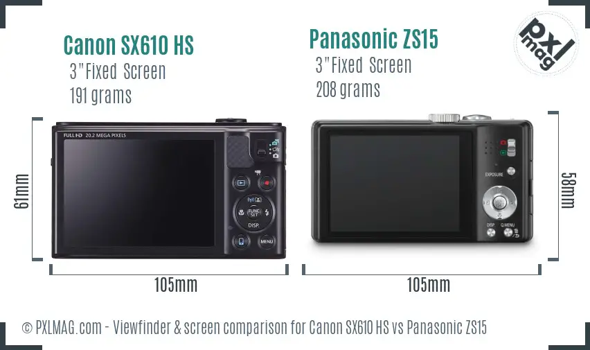 Canon SX610 HS vs Panasonic ZS15 Screen and Viewfinder comparison