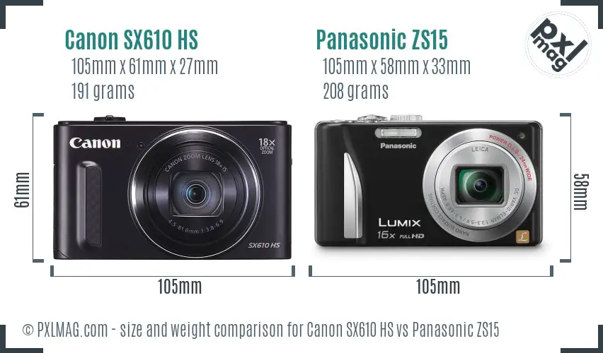 Canon SX610 HS vs Panasonic ZS15 size comparison