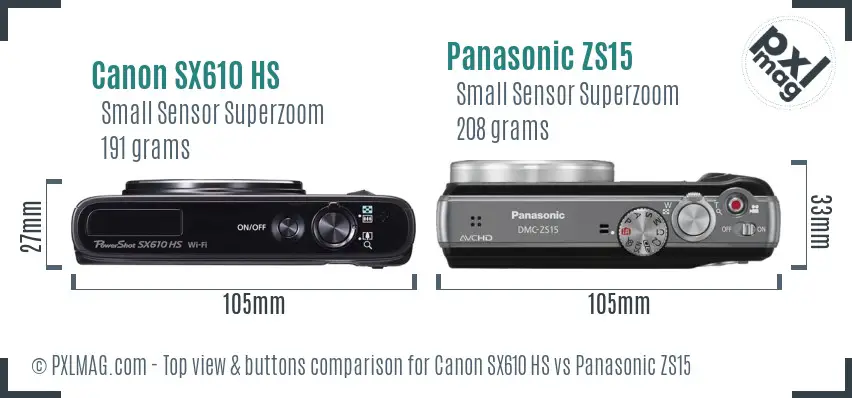Canon SX610 HS vs Panasonic ZS15 top view buttons comparison