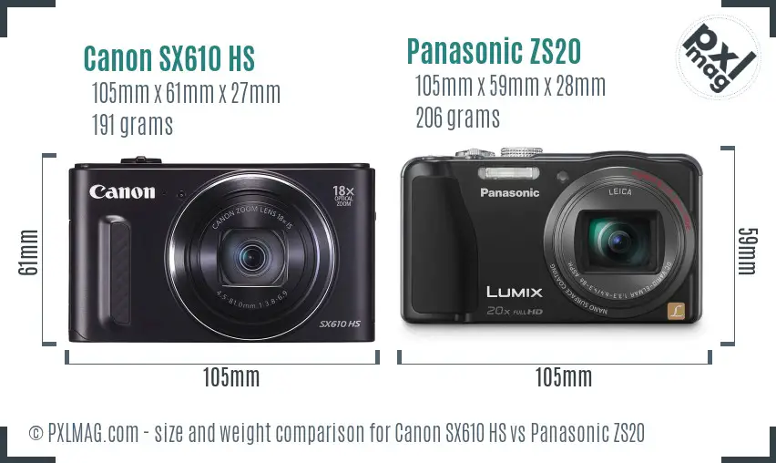 Canon SX610 HS vs Panasonic ZS20 size comparison