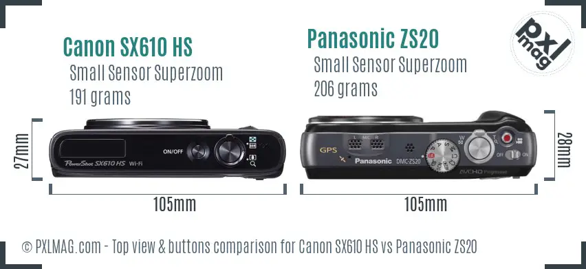 Canon SX610 HS vs Panasonic ZS20 top view buttons comparison