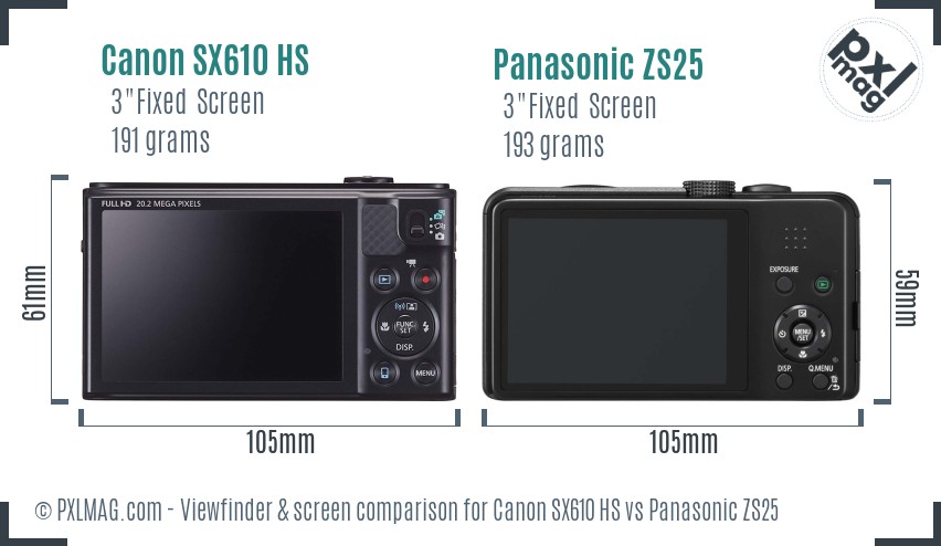 Canon SX610 HS vs Panasonic ZS25 Screen and Viewfinder comparison