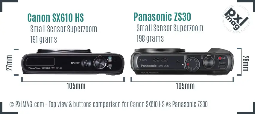 Canon SX610 HS vs Panasonic ZS30 top view buttons comparison Canon SX610 HS vs Panasonic ZS30 top view buttons comparison