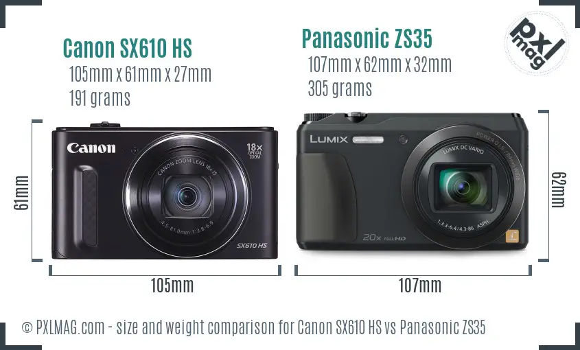 Canon SX610 HS vs Panasonic ZS35 size comparison