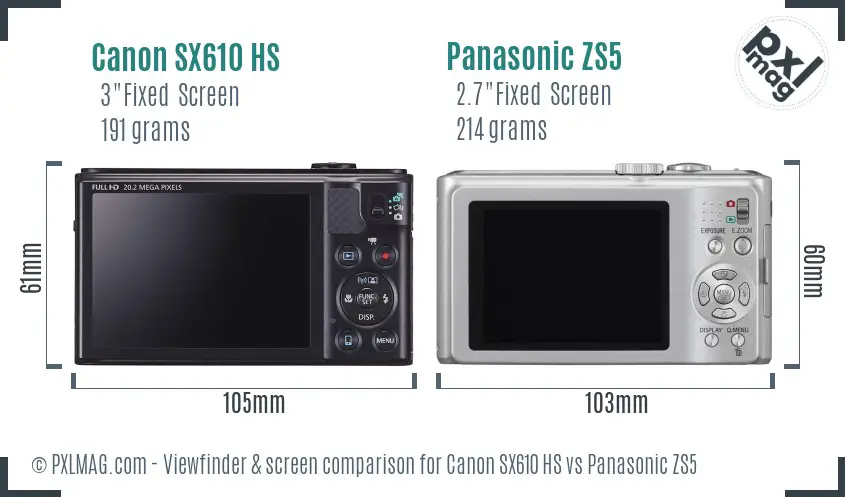 Canon SX610 HS vs Panasonic ZS5 Screen and Viewfinder comparison