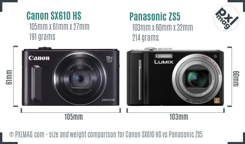 Canon SX610 HS vs Panasonic ZS5 size comparison
