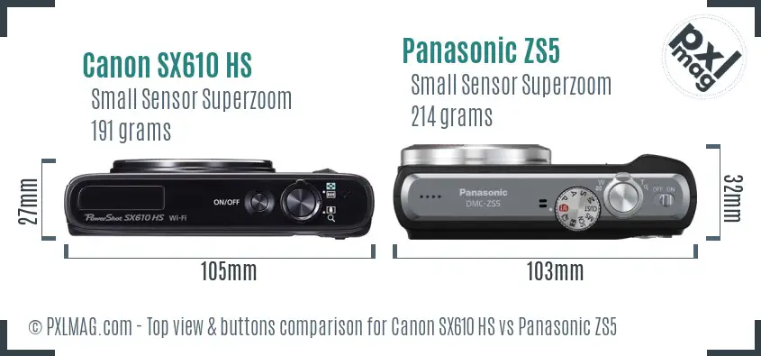Canon SX610 HS vs Panasonic ZS5 top view buttons comparison