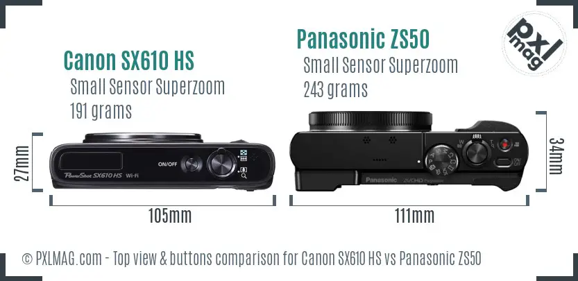 Canon SX610 HS vs Panasonic ZS50 top view buttons comparison Canon SX610 HS vs Panasonic ZS50 top view buttons comparison