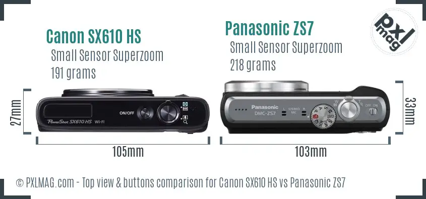 Canon SX610 HS vs Panasonic ZS7 top view buttons comparison