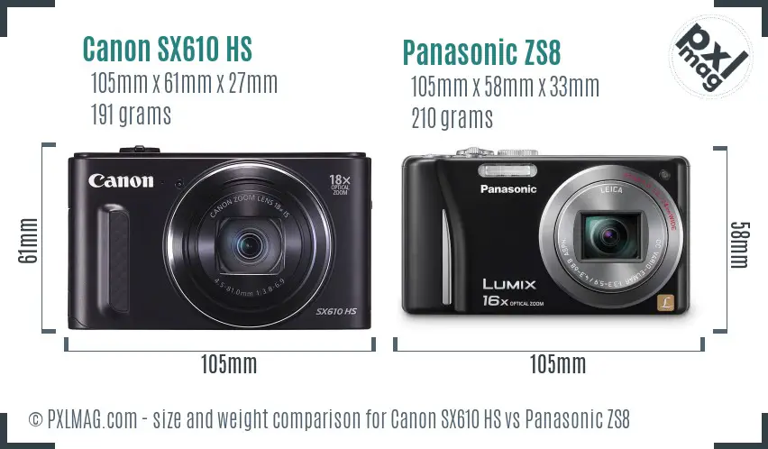 Canon SX610 HS vs Panasonic ZS8 size comparison