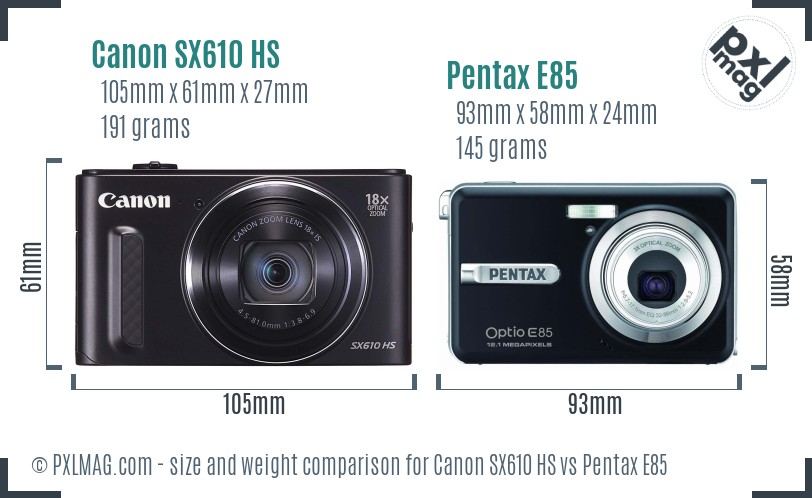 Canon SX610 HS vs Pentax E85 size comparison