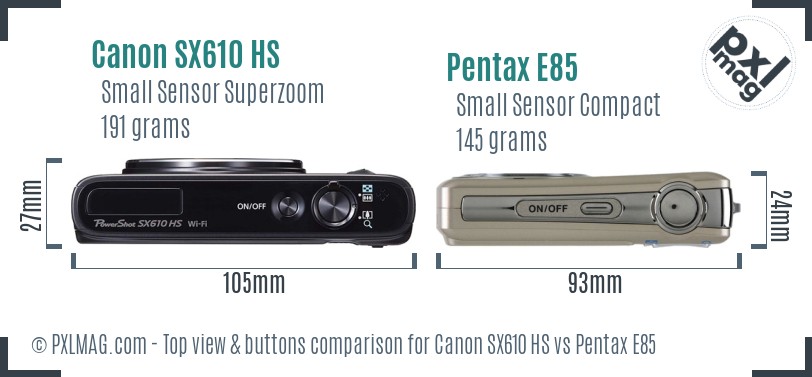 Canon SX610 HS vs Pentax E85 top view buttons comparison