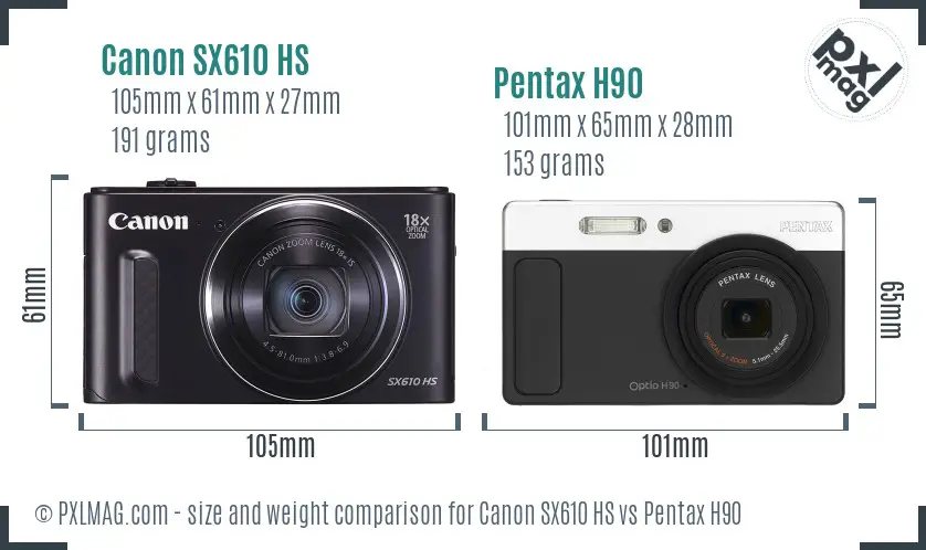 Canon SX610 HS vs Pentax H90 size comparison
