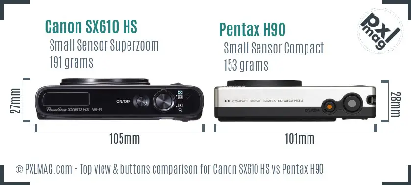 Canon SX610 HS vs Pentax H90 top view buttons comparison