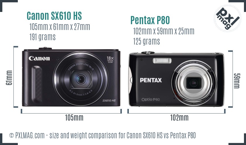 Canon SX610 HS vs Pentax P80 size comparison