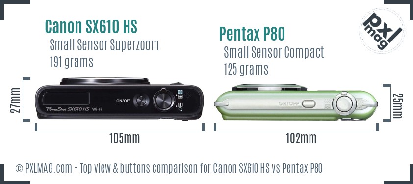 Canon SX610 HS vs Pentax P80 top view buttons comparison