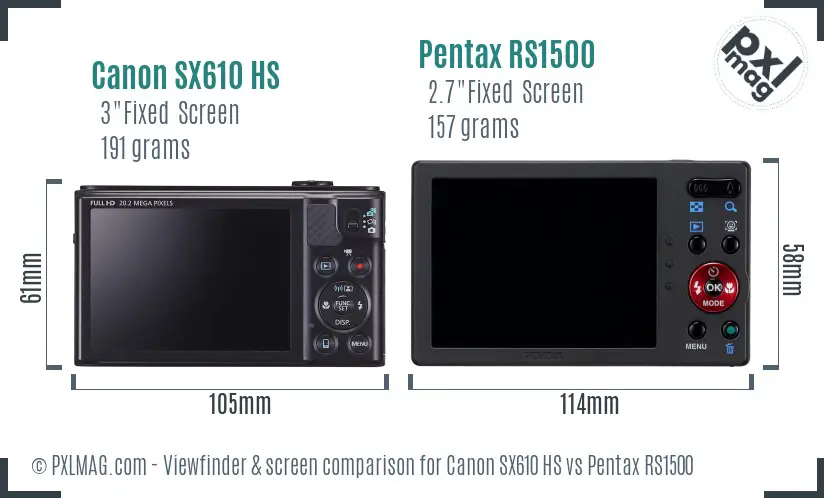 Canon SX610 HS vs Pentax RS1500 Screen and Viewfinder comparison