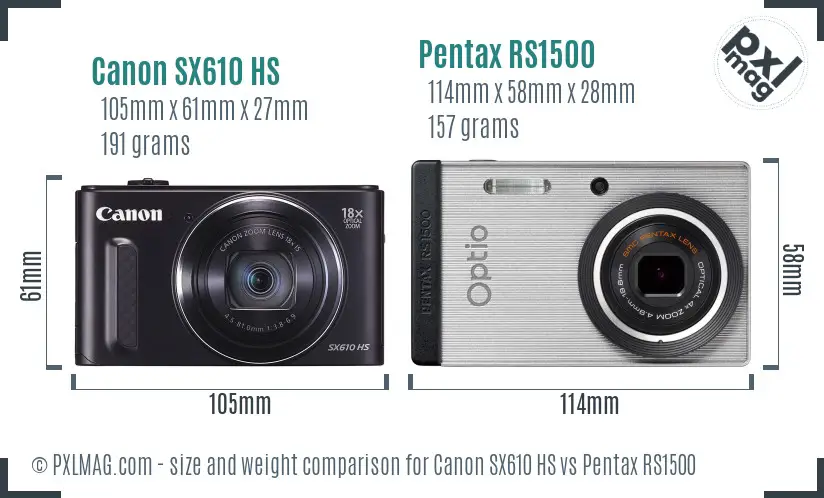 Canon SX610 HS vs Pentax RS1500 size comparison