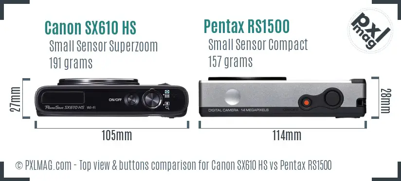 Canon SX610 HS vs Pentax RS1500 top view buttons comparison