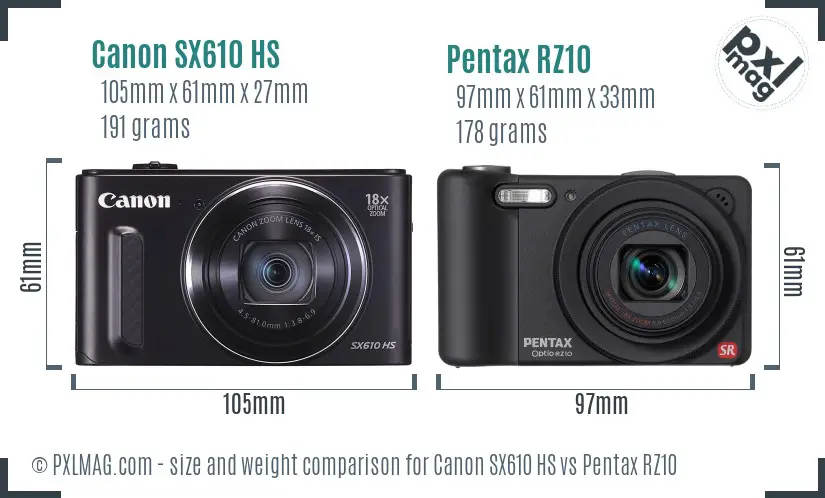 Canon SX610 HS vs Pentax RZ10 size comparison