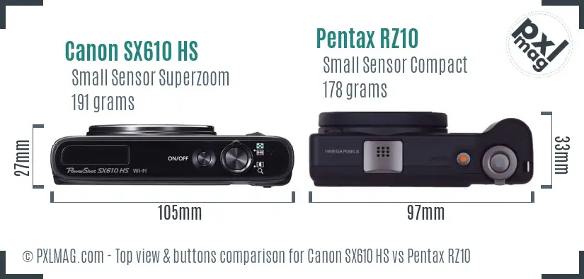 Canon SX610 HS vs Pentax RZ10 top view buttons comparison